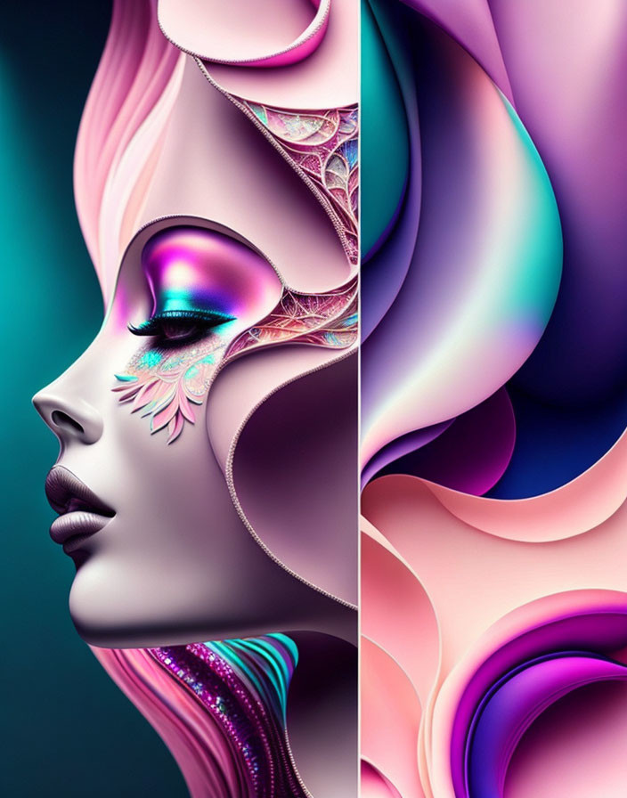 Colorful digital art portrait of a stylized woman with vibrant makeup and abstract shapes in pink, purple