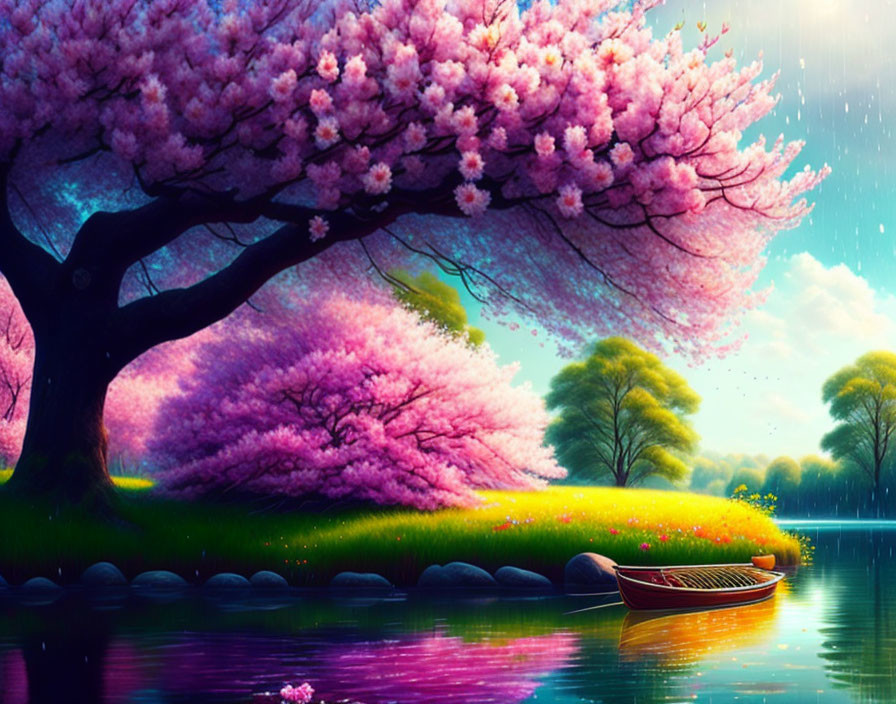 Serene lakeside scene with cherry trees, boat, and rain ripples