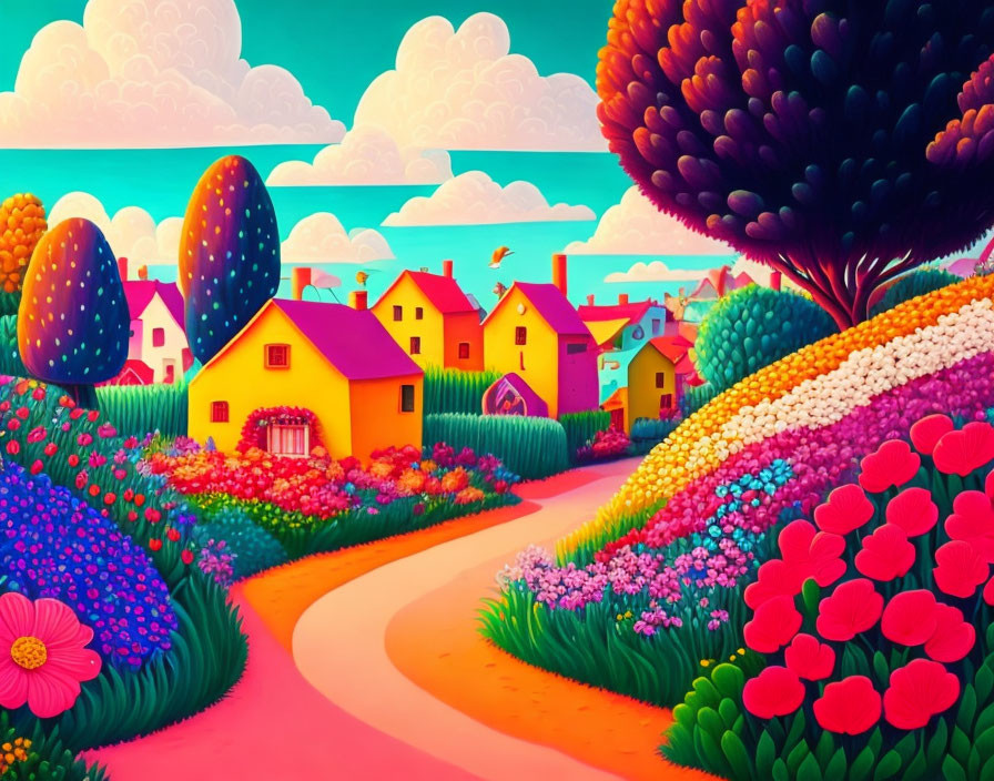 Colorful Whimsical Village Scene with Vibrant Houses and Lush Trees