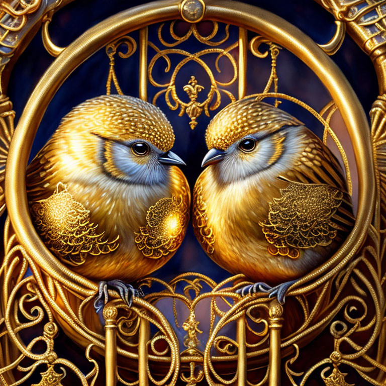 Ornate Golden Birds in Elaborate Frame on Dark Blue Background