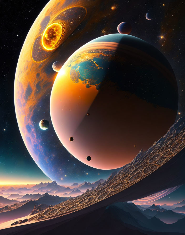 Detailed Space Art: Multiple Planets and Moons in Cosmic Setting