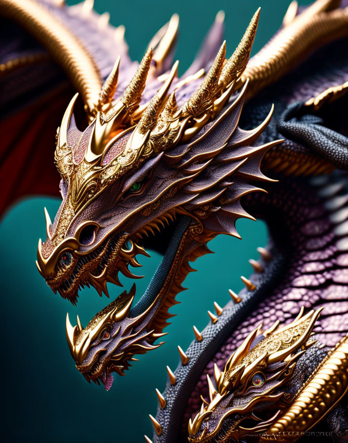 Detailed golden dragon with horns and green eyes on dark teal background