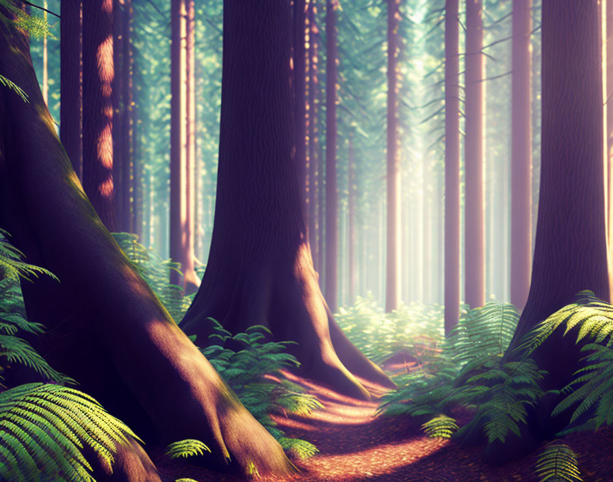 Serene forest scene with sunlight filtering through tall trees