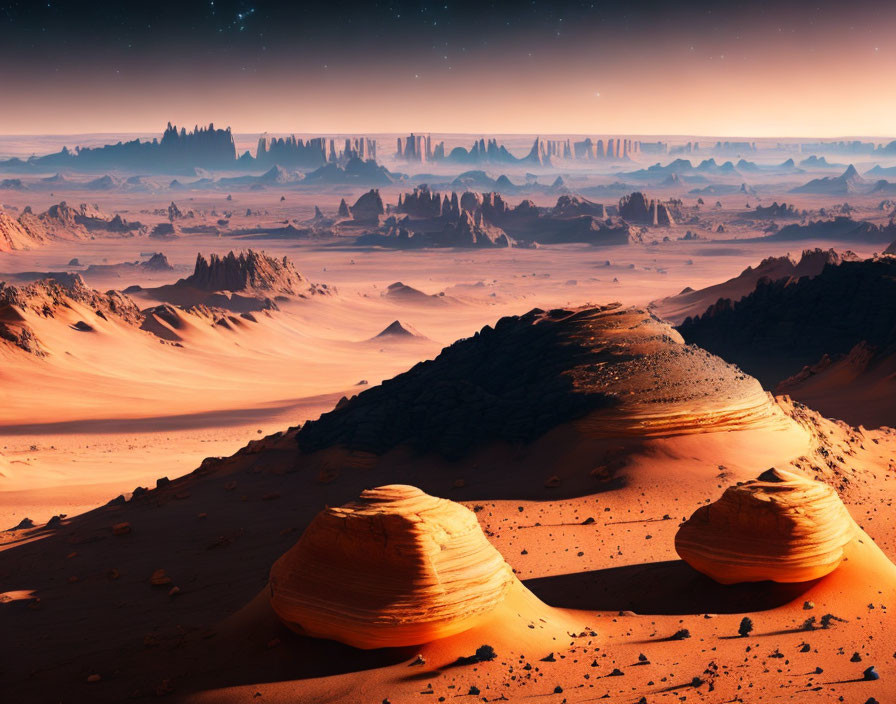 Desert landscape with sand dunes, rock formations, dramatic sky, cliffs, and planets.