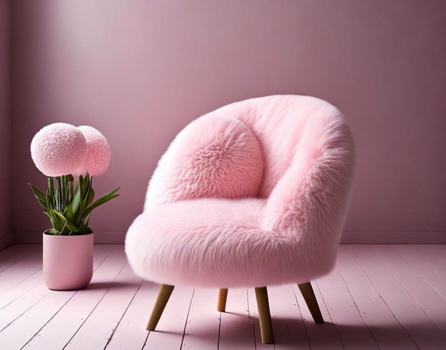 Pink furry chair, pink wall, potted plant with two round pink blooms in minimalist style