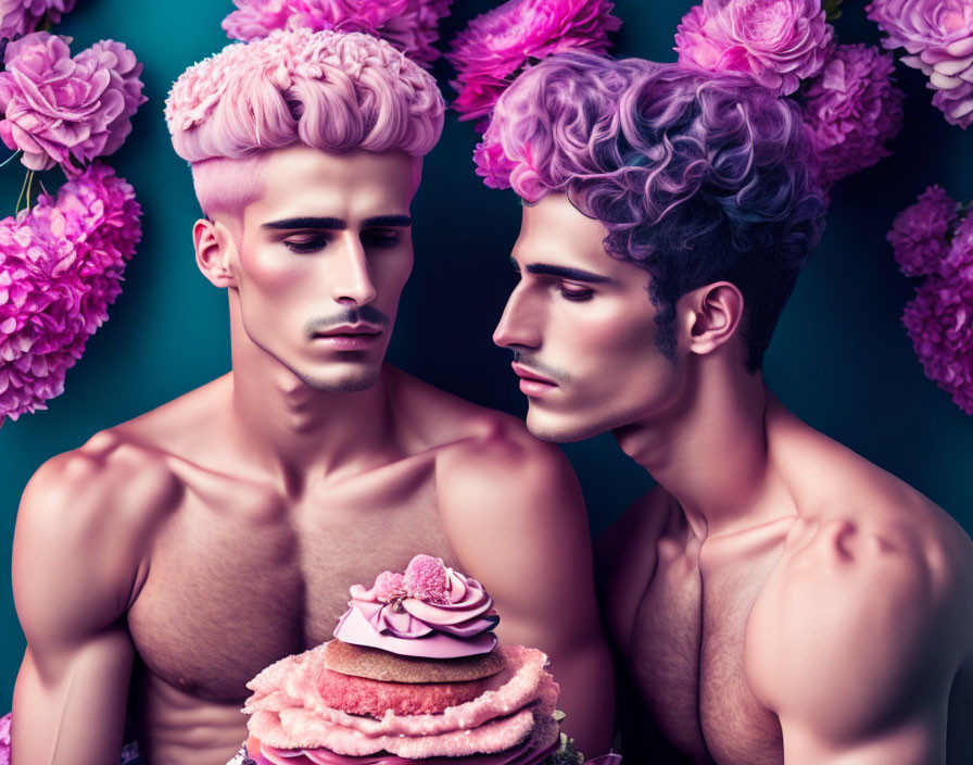 Pastel Pink and Purple Hair Models with Flower-Inspired Styling Against Floral Background