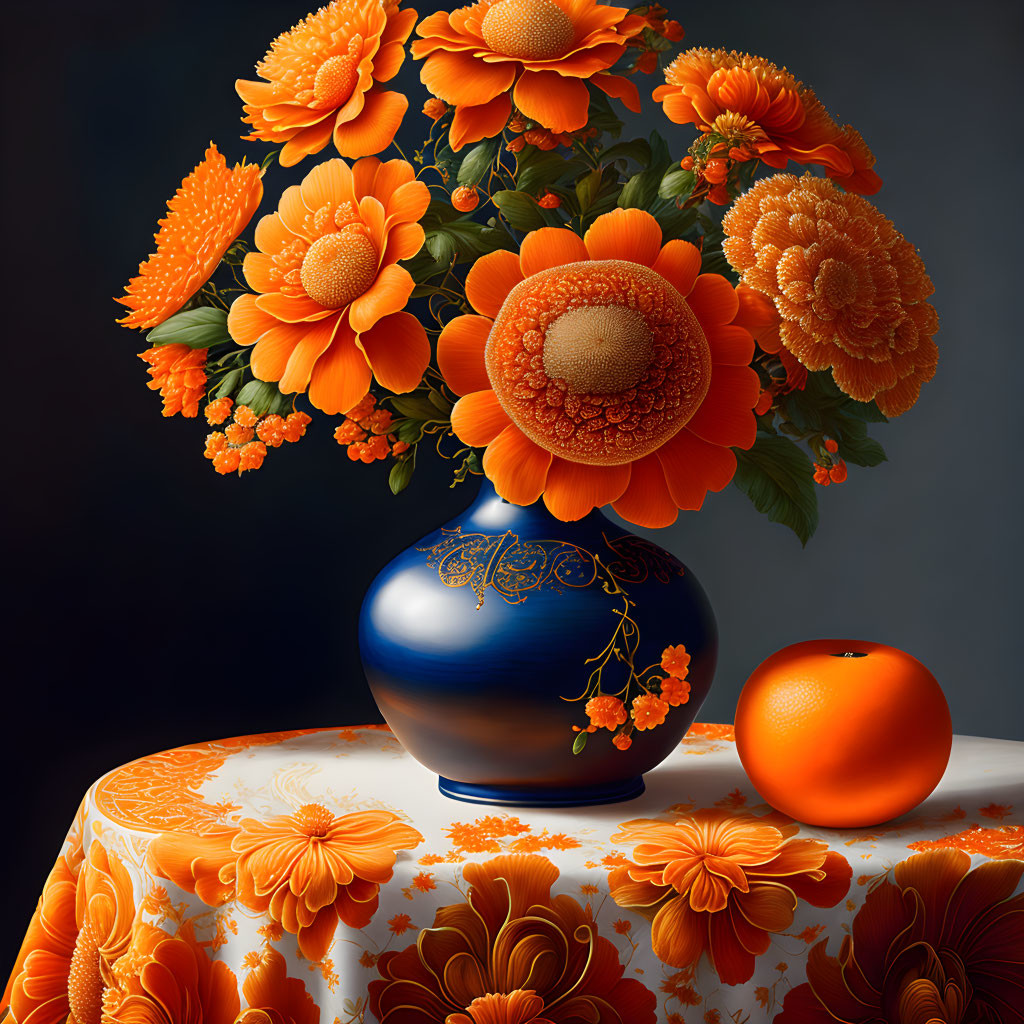 Orange Flowers in Blue Vase on Orange Tablecloth with Fruit