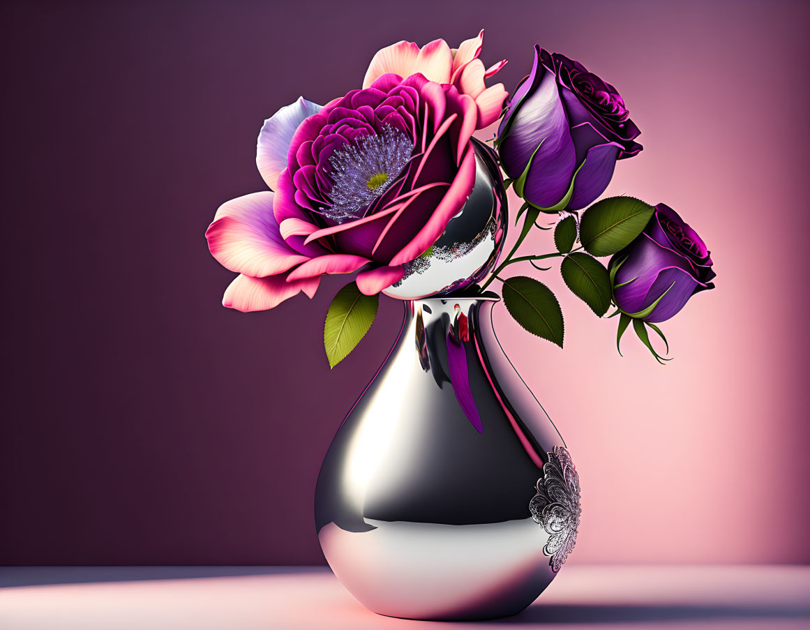 Purple and Pink Rose Bouquet with Peony in Silver Vase on Gradient Background