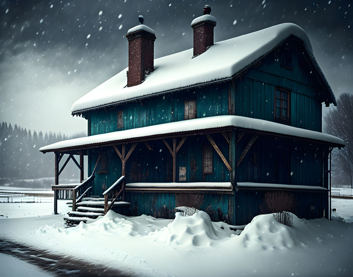 Blue Wooden House with Covered Porch in Snowfall