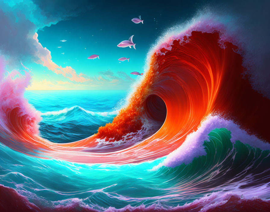 Colorful digital artwork: Large wave in red and green under blue sky with flying fish