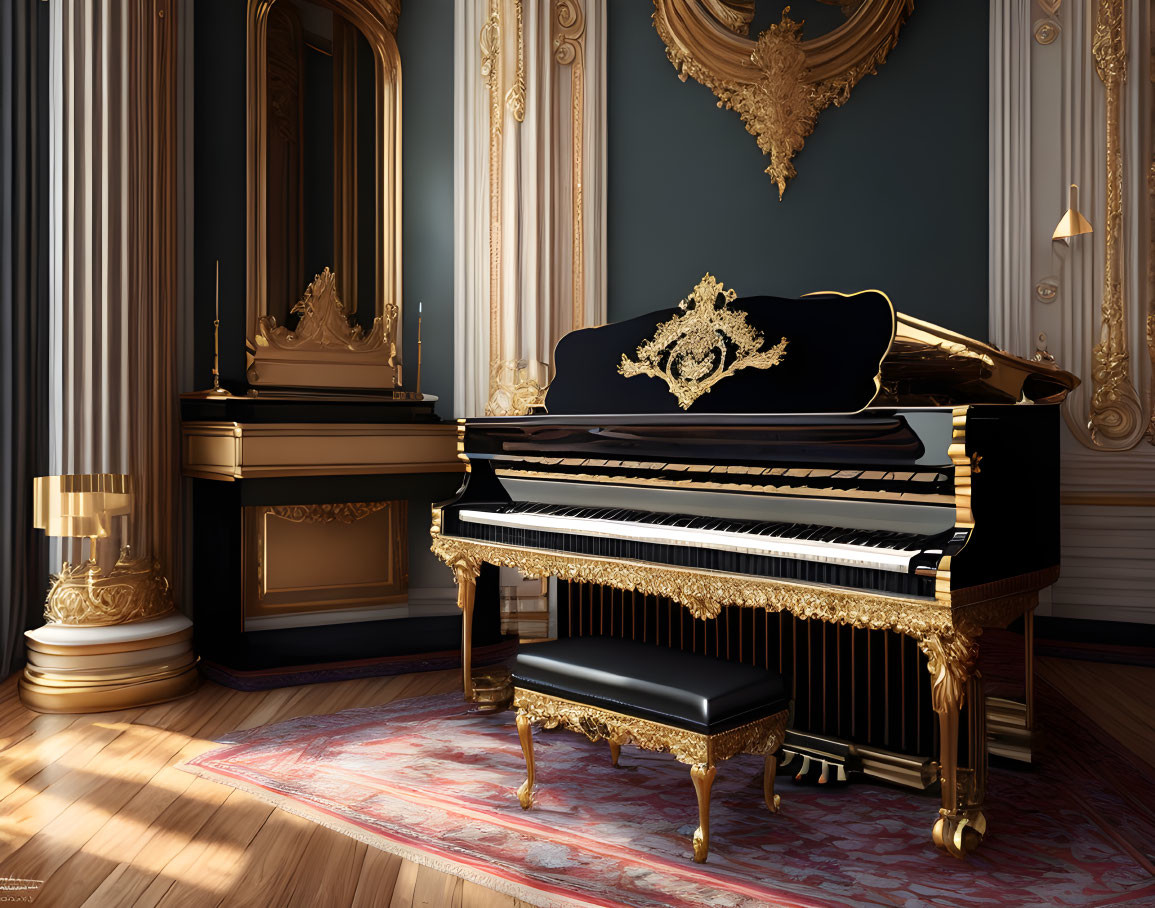 Elegant black grand piano with gold detailing in classical room