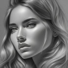 Detailed grayscale digital portrait of a woman with flowing wavy hair and sharp eyes.