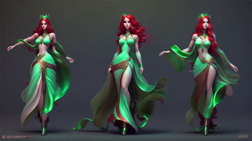 Stylized digital artwork: Woman with red hair in green fantasy clothing