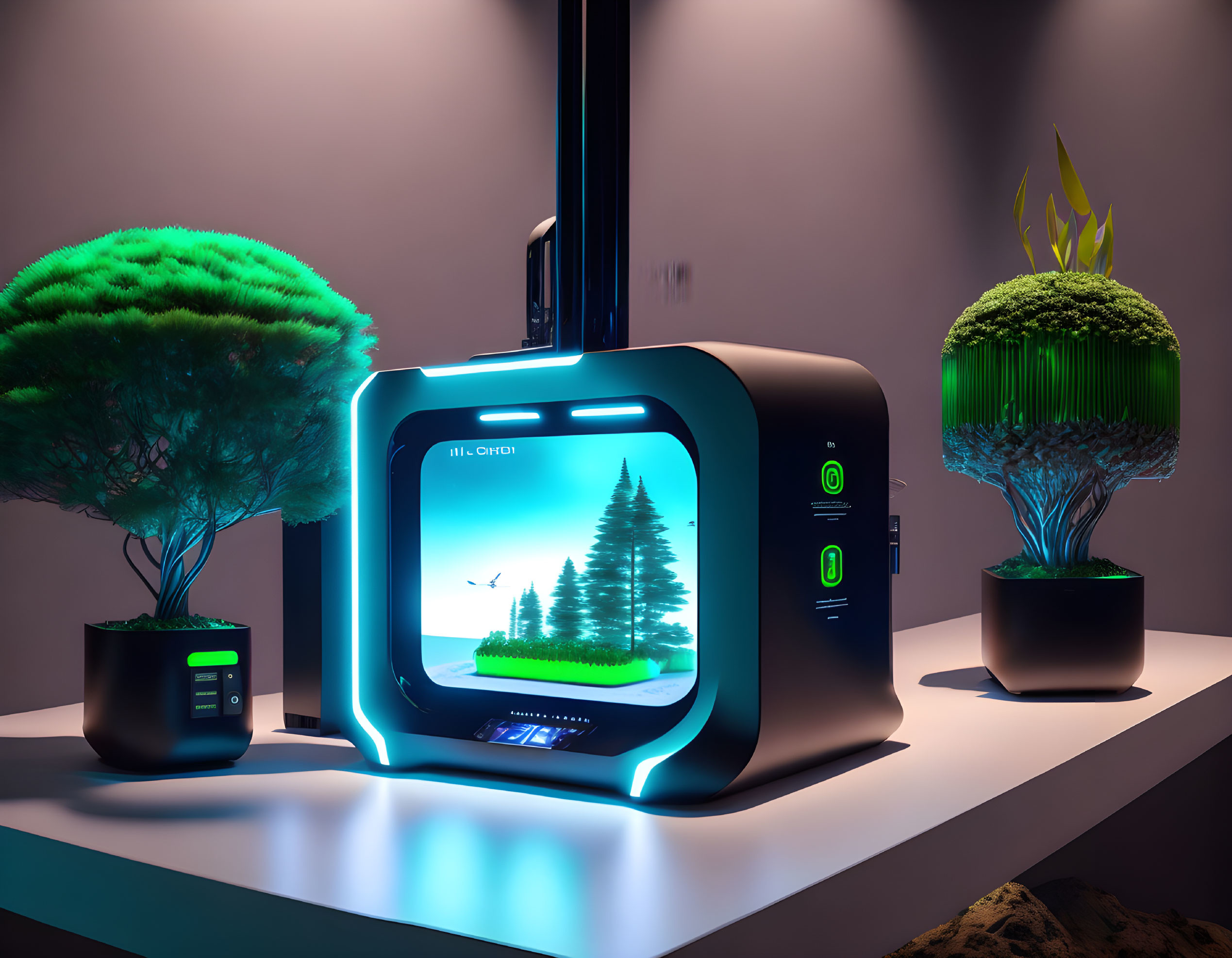 Futuristic 3D Printer Crafting Lush Tree and Artificial Plants on Table