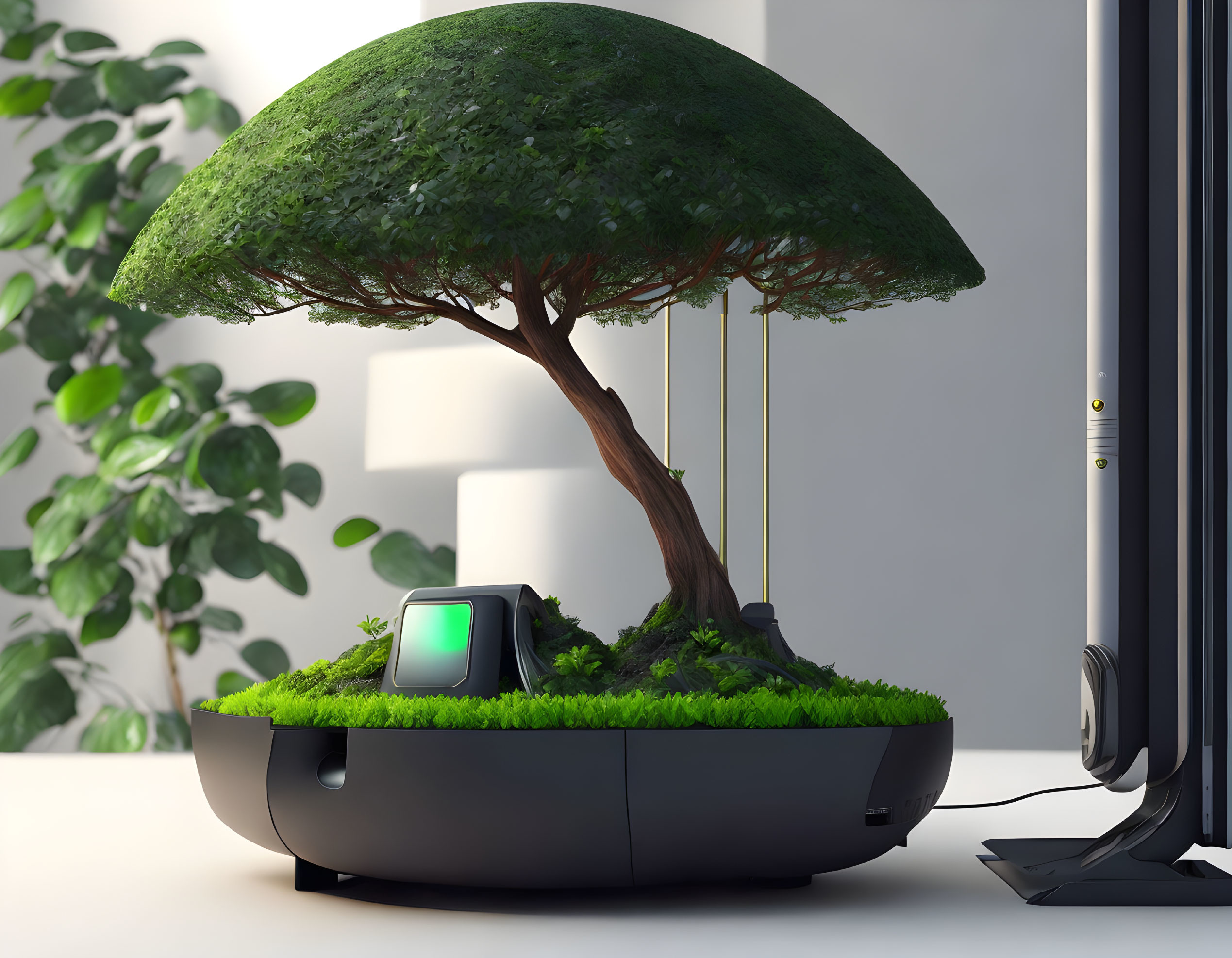 Modern Circular Planter with Tech Gadgets Accompanies Bonsai Tree & Black Floor Lamp