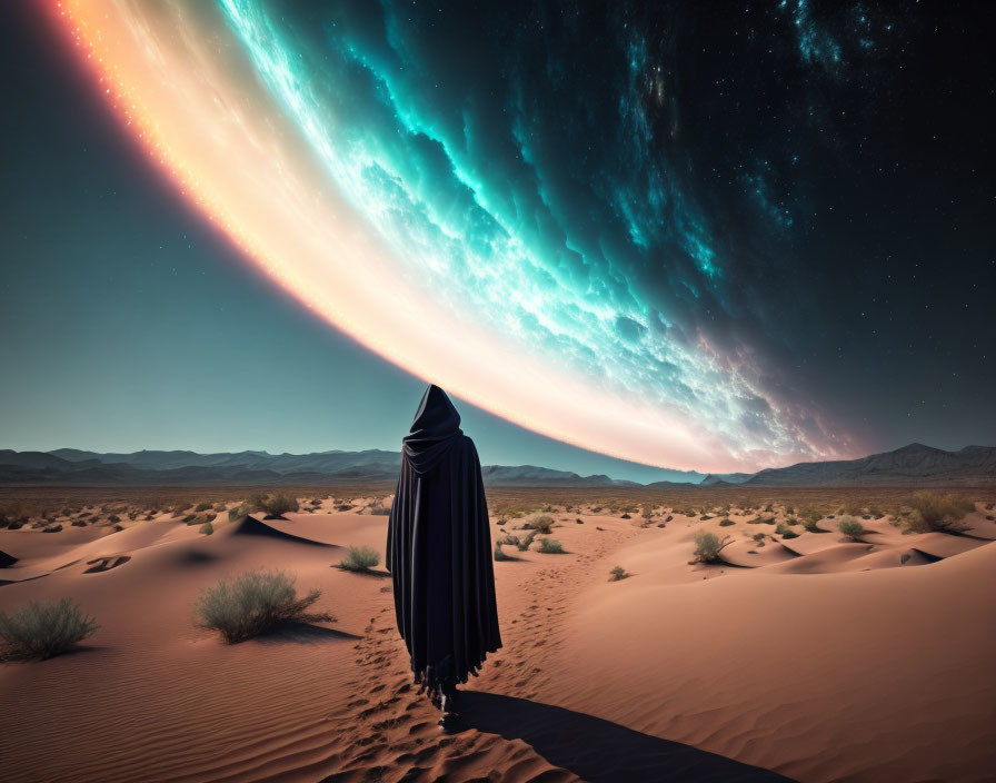 Robed figure in desert under colorful sky with stars