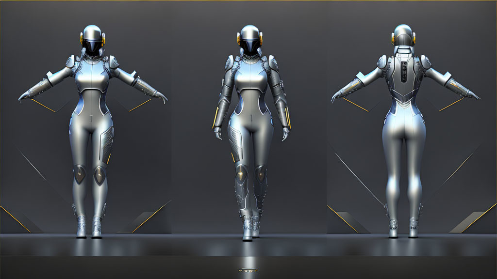 Futuristic female robot in sleek silver design with gold accents