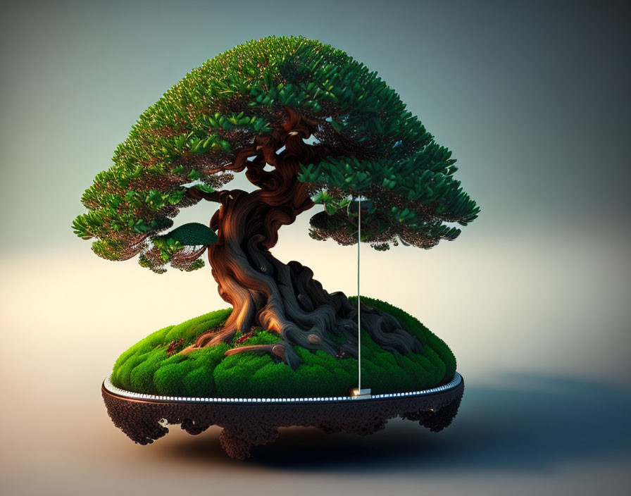 Stylized digital artwork: lush bonsai tree on floating circular island