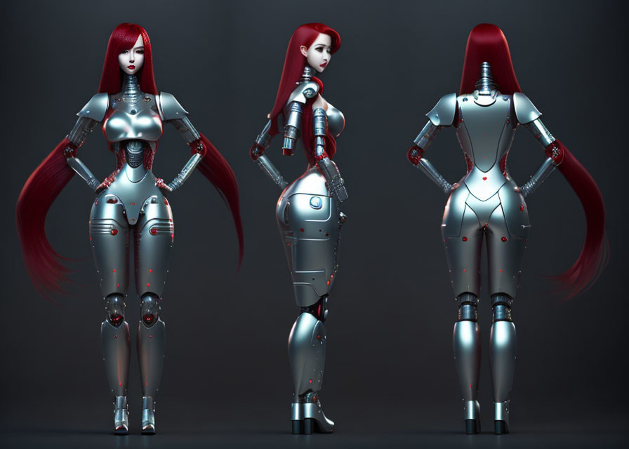 Female Android in Silver Armor and Red Hair: Three Poses on Gray Backdrop