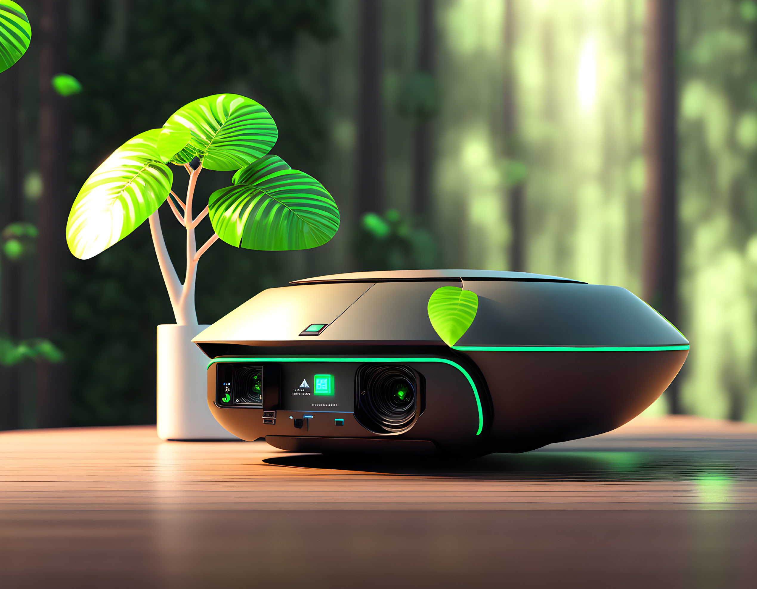 Contemporary projector on wooden table with green leaves and forest background