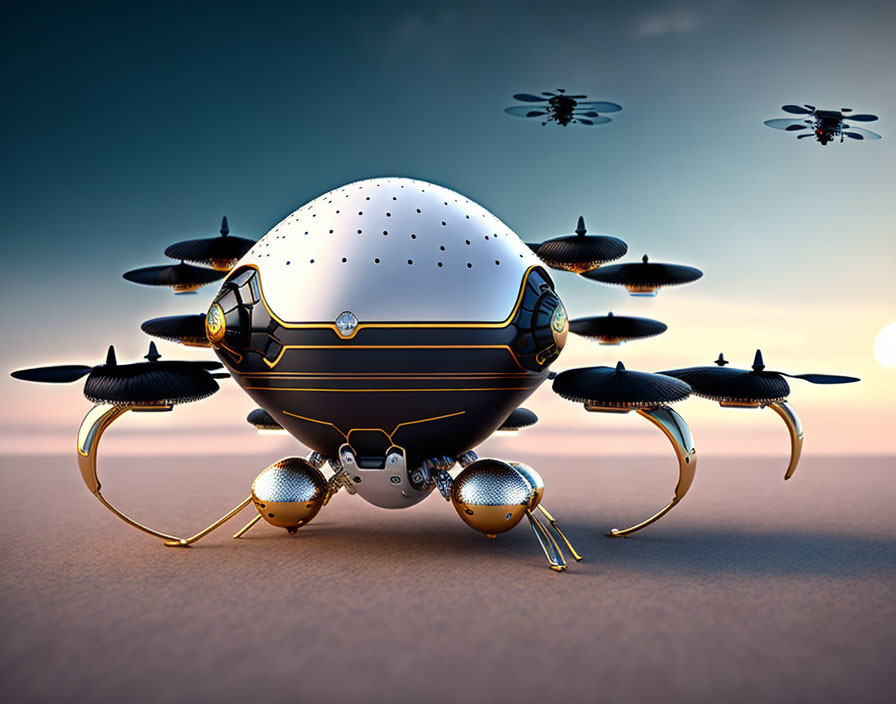 Futuristic drone with multiple rotors and metallic legs on sandy surface at dusk