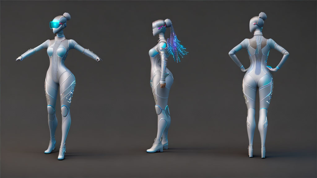 Female humanoid robot in three sleek poses with blue accents and fiberoptic ponytail