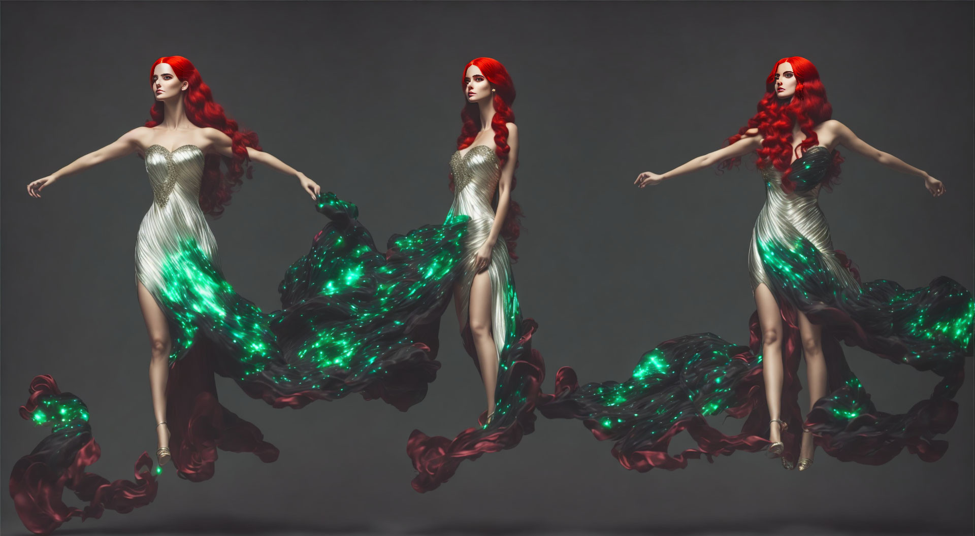 Three women in red hair, flowing dresses with green and red accents on grey backdrop