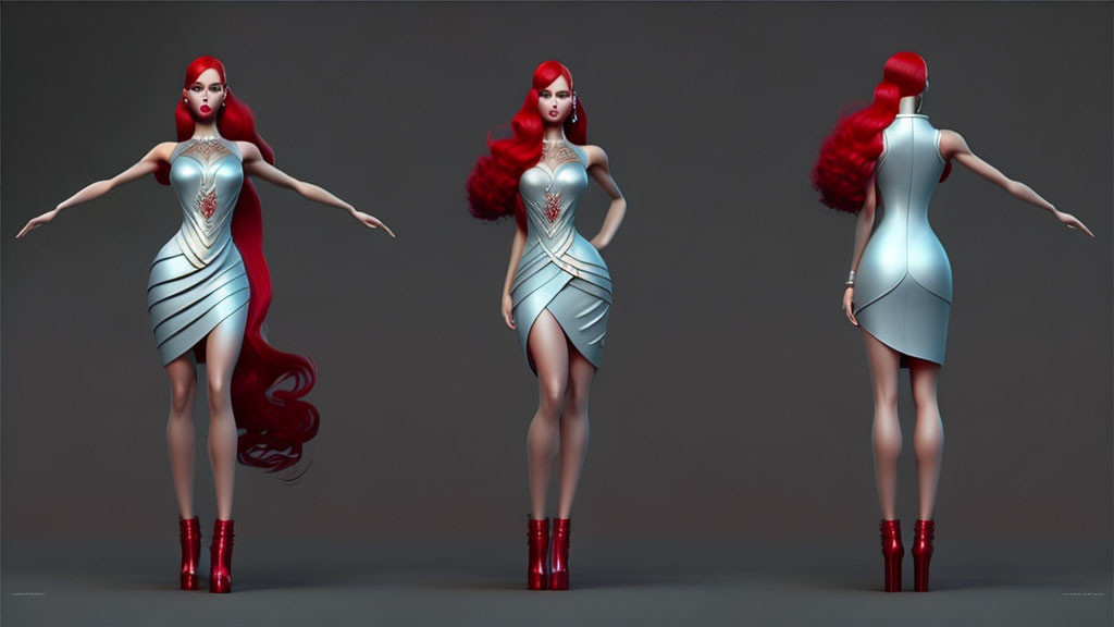 Stylized female figure in three poses with red hair and futuristic dress