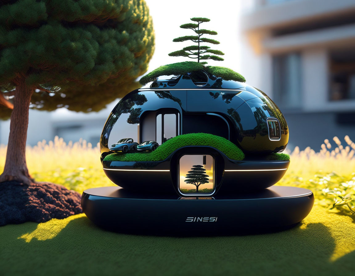 Futuristic black spherical vehicle with green terrace and trees parked on labeled stand in serene outdoor setting