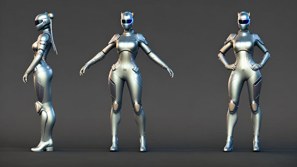 Futuristic humanoid robots in various poses on plain background