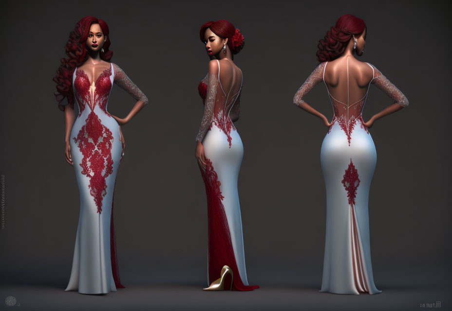 3D render of woman in white and red evening gown from three angles