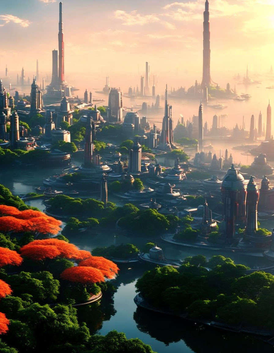 Futuristic cityscape at sunrise with skyscrapers, greenery, and orange trees.