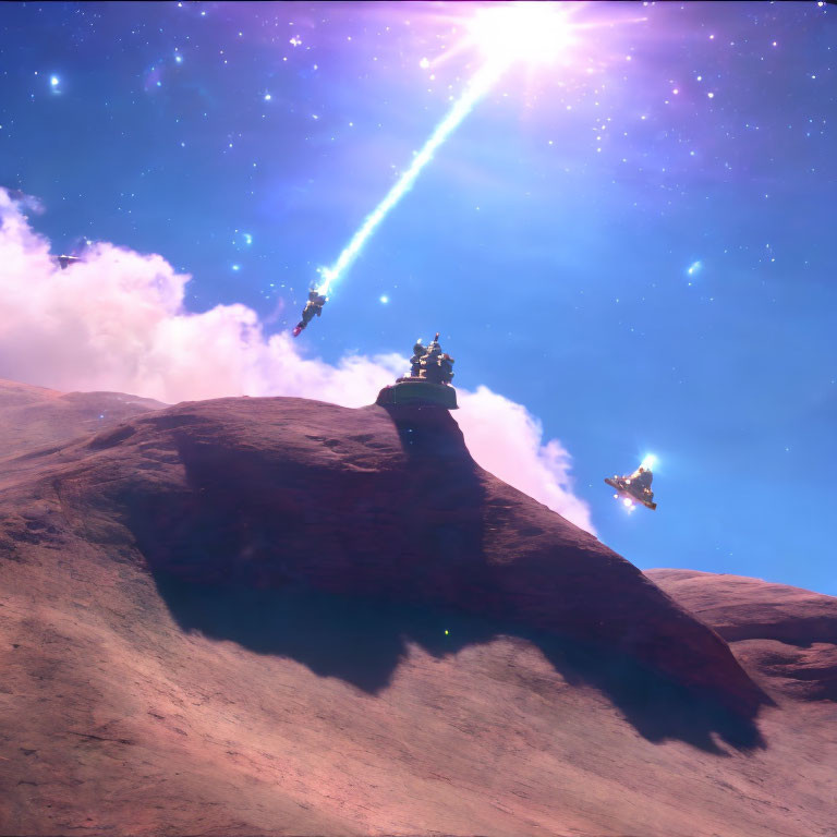 Glowing meteor in starry sky over rocky terrain with mysterious structures