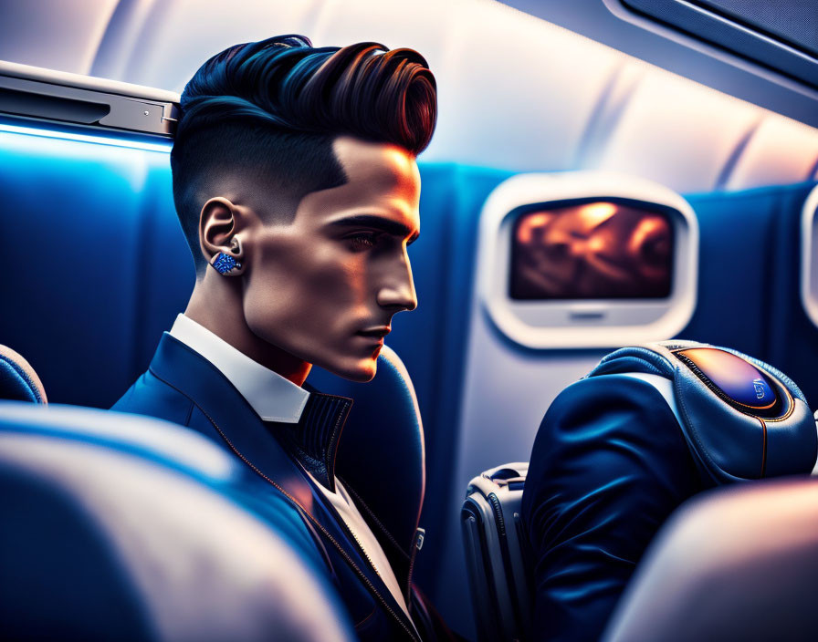 Stylish man in blue-lit airplane cabin gazes out window