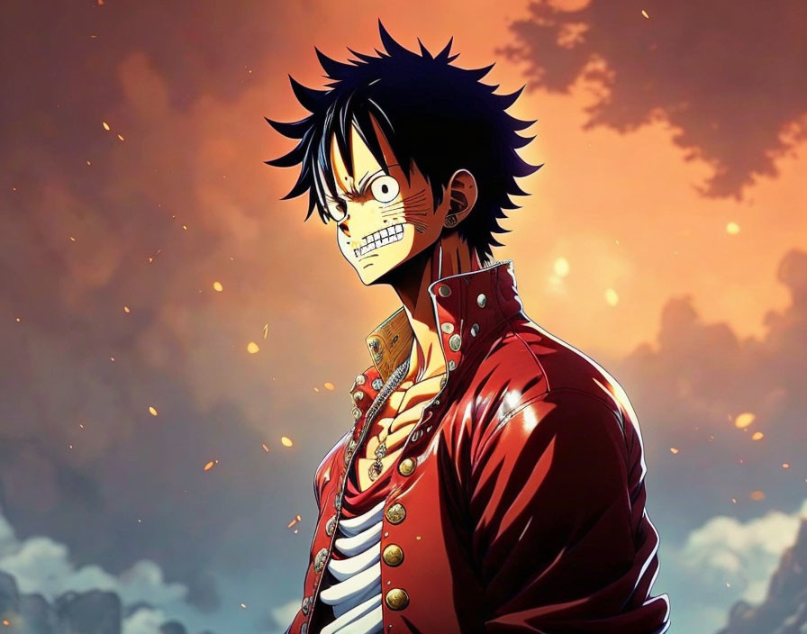 Animated character with black spiky hair, red coat, scar under left eye, and shocked expression