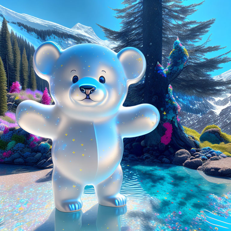 Blue Translucent Bear Figurine in Fantasy Landscape with Pink Flora