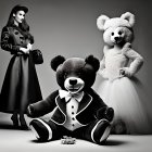 Monochrome image of woman with teddy bears in human attire