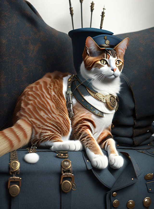 Cat in Military Uniform Sitting on Suitcase Against Textured Background