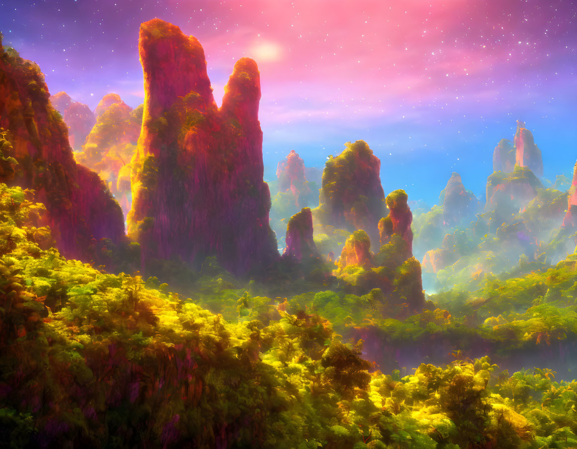 Vibrant pink and blue sky over lush green landscape with towering rock formations