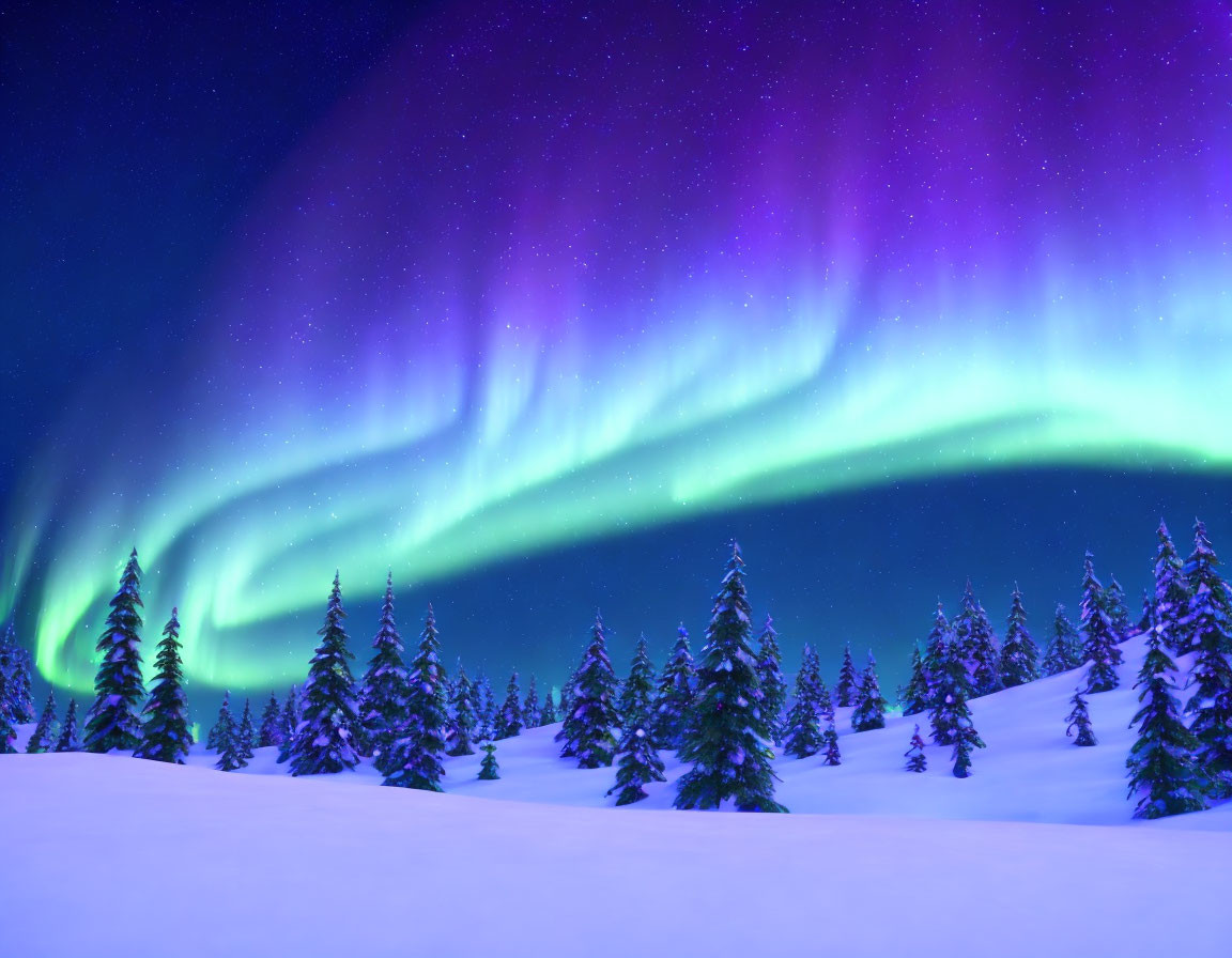 Colorful Aurora Borealis Over Snowy Pine Forest