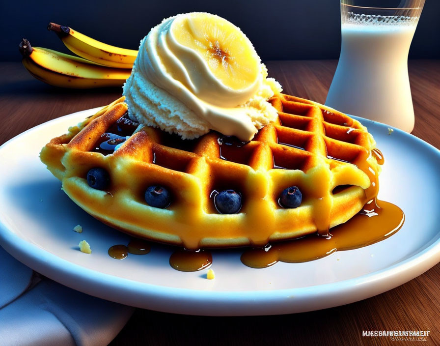 Golden-brown waffle with butter, blueberries, syrup, bananas, and milk.