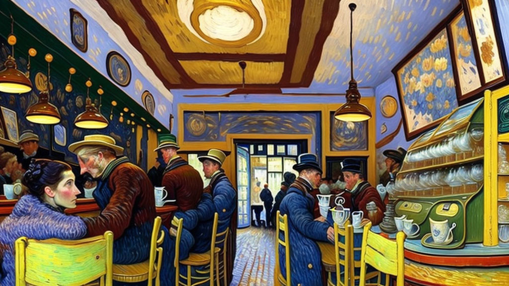 Colorful Cafe Interior Painting with Blue Uniformed Patrons and Coffee Bar