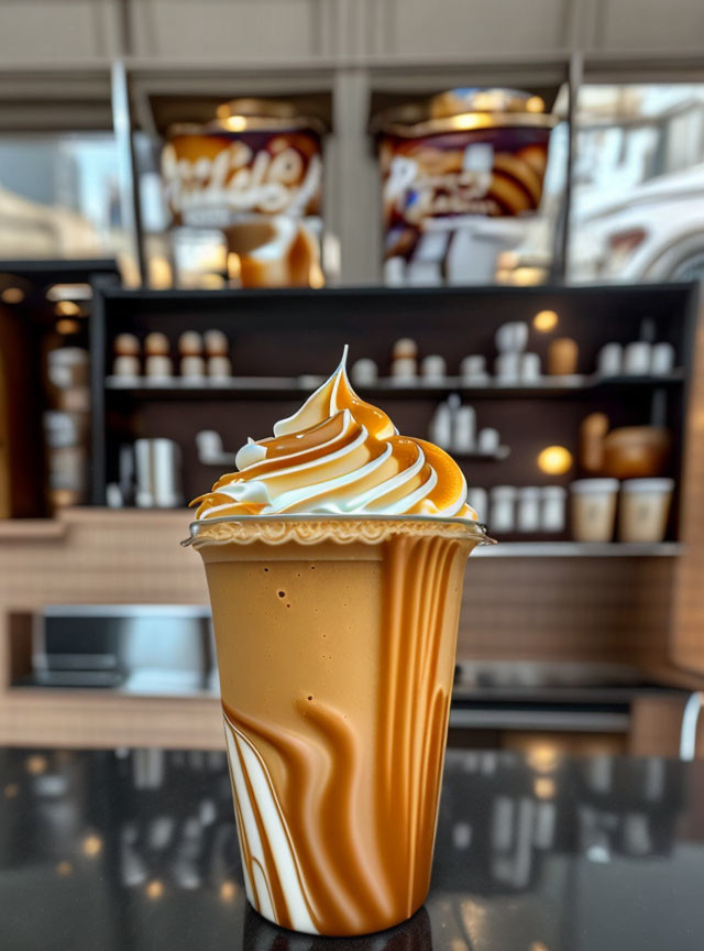 Caramel-drizzled frozen beverage with cream swirl in branded cup