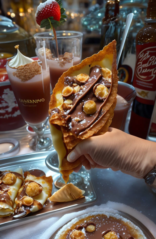 Hand holding chocolate-filled crepe with banana slices, pink drinks and dessert jars in background.