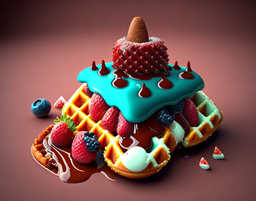 Colorful 3D Waffle Illustration with Toppings and Chocolate-Covered Strawberry