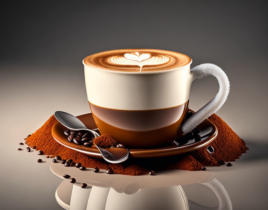 Latte art coffee cup with heart design on saucer, spoon, coffee beans, and sugar cube