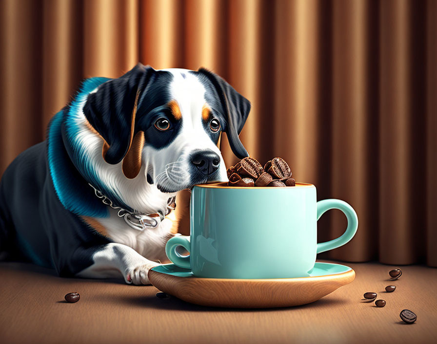 Curious dog with black, white, and brown coat near teal coffee cup on wood surface