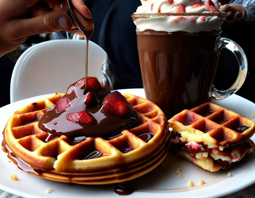 Person pouring chocolate syrup on waffles with strawberries and hot chocolate with whipped cream.