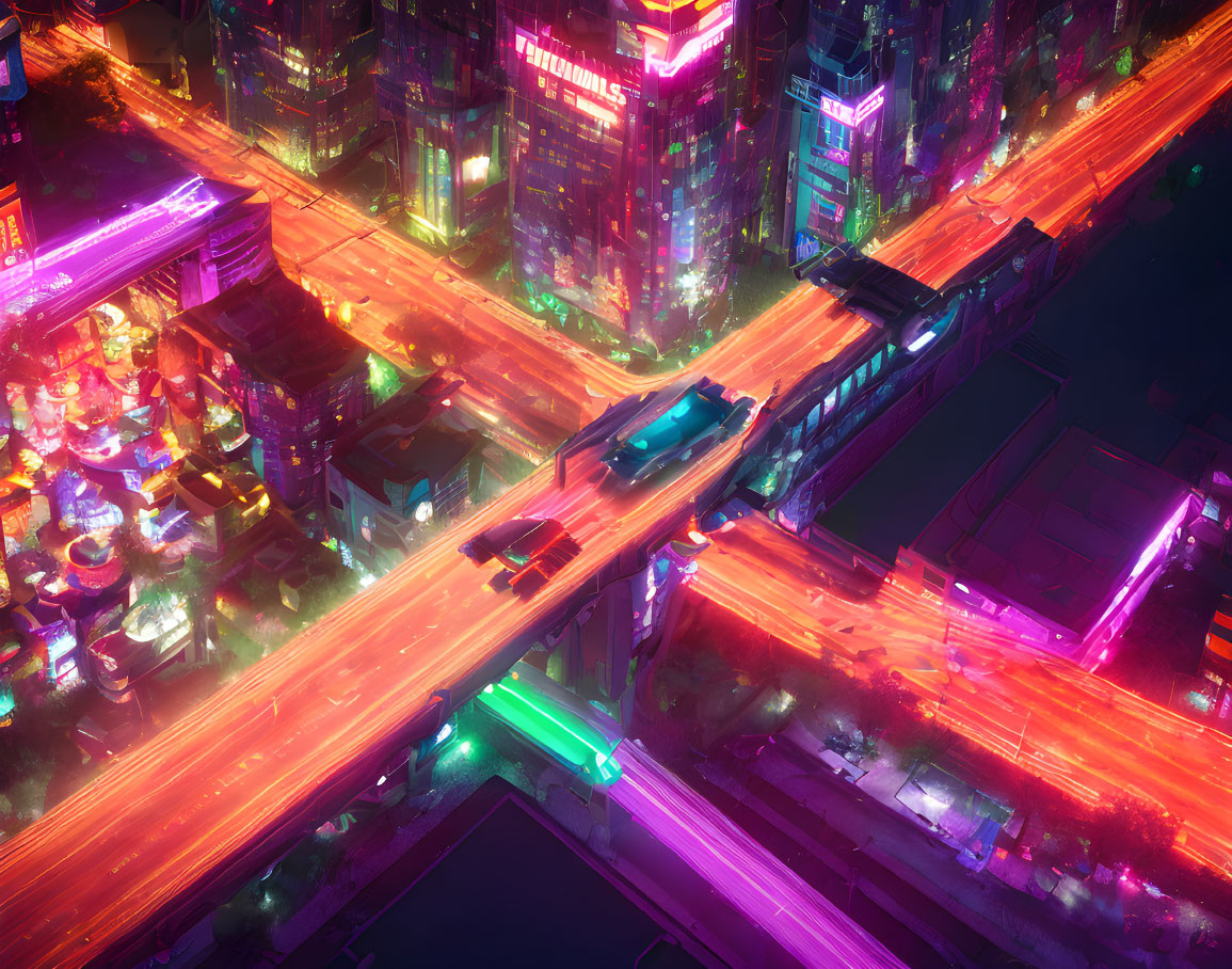 Futuristic night cityscape with neon lights and elevated trains