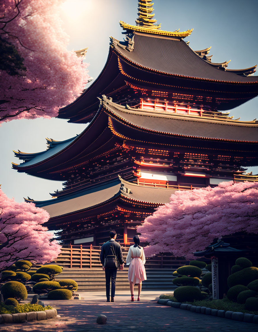 Couple walking to traditional pagoda amid cherry blossoms on sunny day